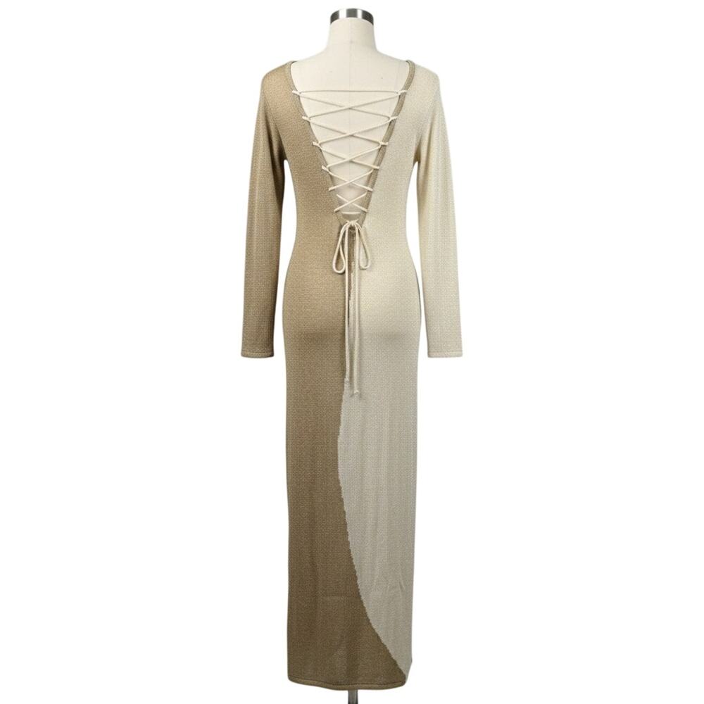 JLUXLABEL Two-Tone Knit Maxi Dress Large NWT Lace Up Back Long Sleeve Tan Cream